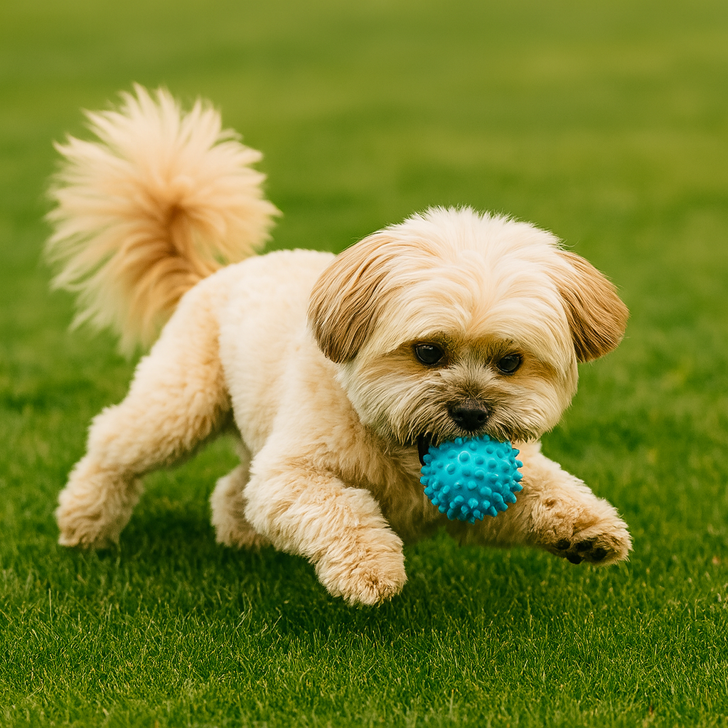 🐕 Exercise & Play: Keeping Your Dog Active, Engaged, and Balanced Small Shih Tzu running on grass with a blue ball toy in its mouth