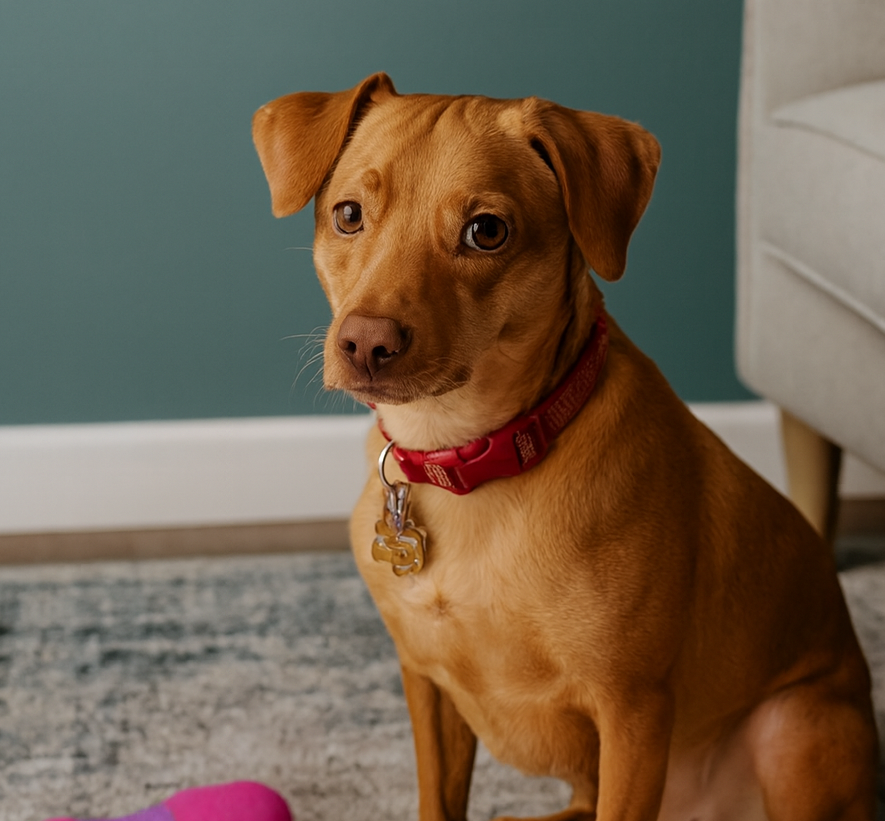 Tan mixed-breed dog sitting indoors wearing a red collar