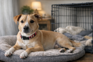 calm crate trained dog relaxing in a cozy home