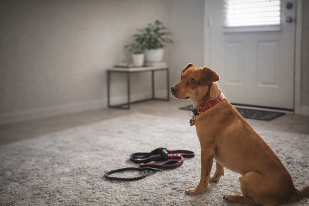 🌿 Decompression Walks for Dogs: Calm Walks for Hyper or Anxious Dogs Tan dog sitting calmly indoors after a walk