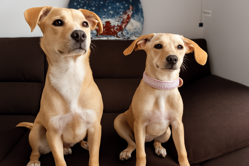 Two tan dogs sitting on a couch indoors, one wearing a pink collar.