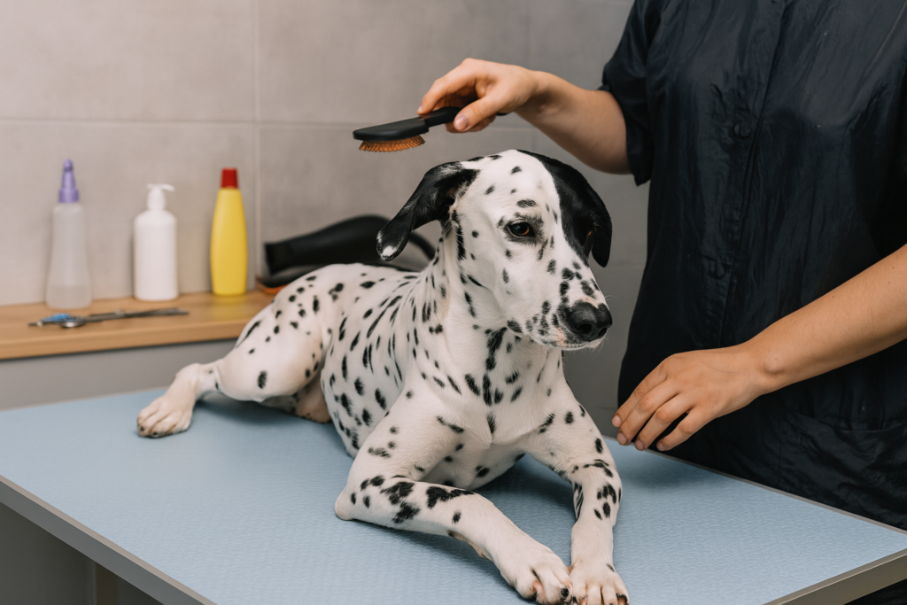 Dalmatian being brushed on a grooming table during dog grooming