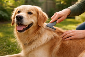 golden retriever being brushed with a flea comb outdoors for flea and tick prevention.