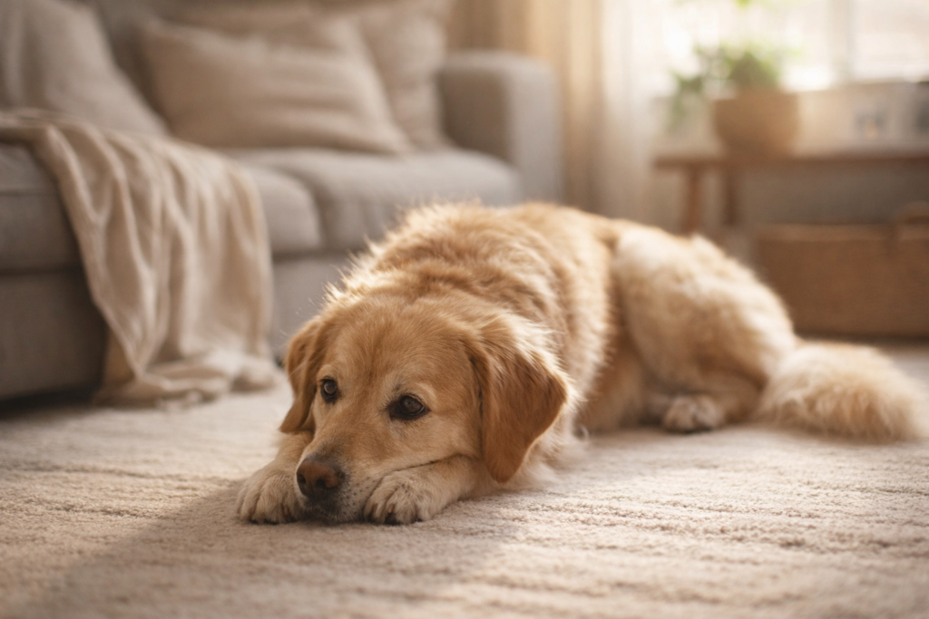 golden retriever lying calmly on a soft rug in a sunlit living room
