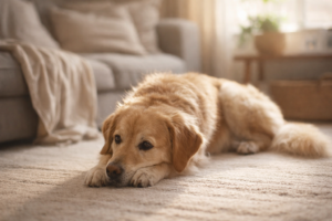 golden retriever lying calmly on a soft rug in a sunlit living room