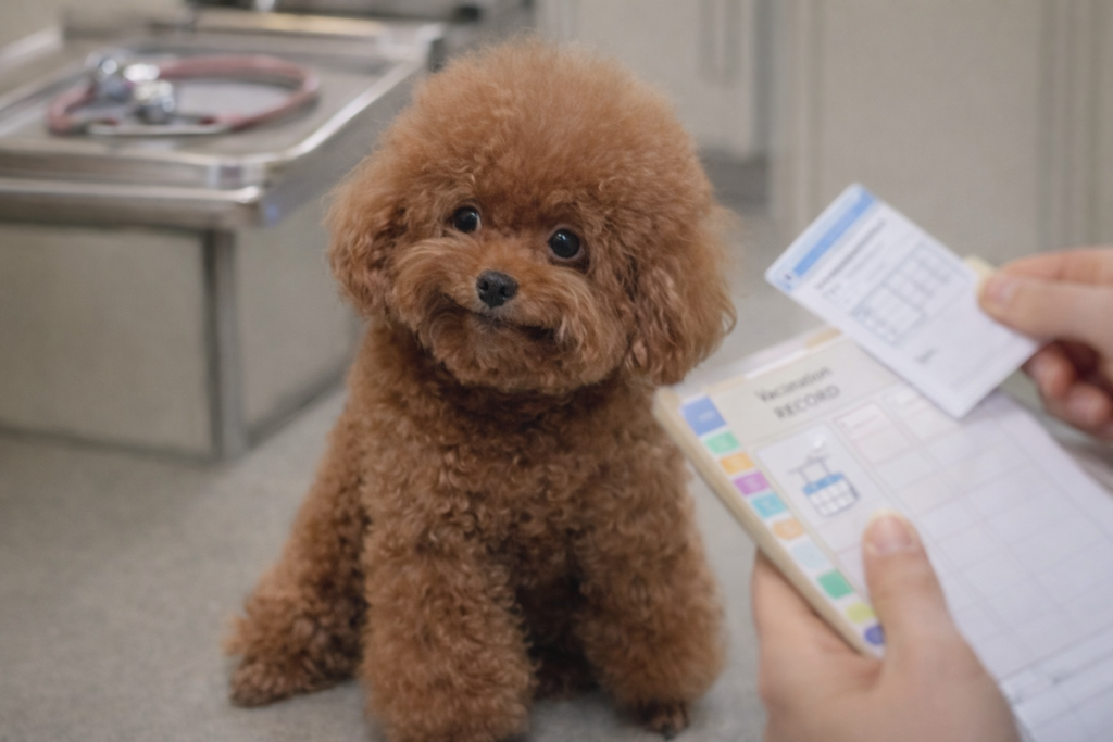 toy poodle sitting calmly in a veterinary clinic while a person holds a vaccination record booklet nearby