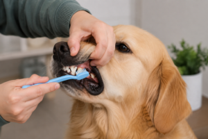 border collie having its teeth brushed with a dog toothbrush at home