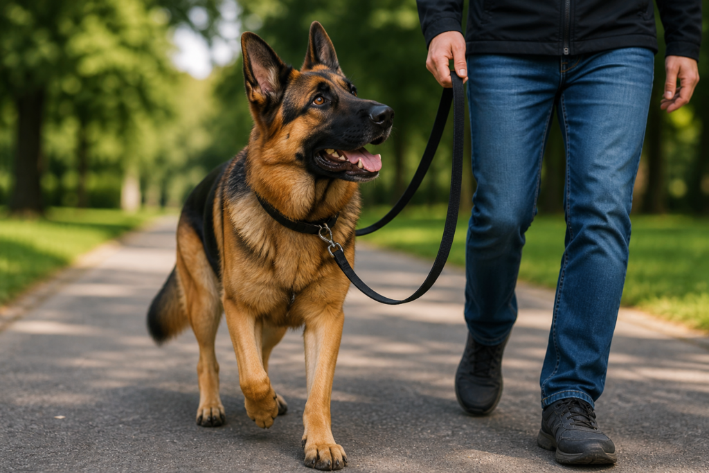 german shepherd walking calmly on a loose leash beside its owner on a park path.